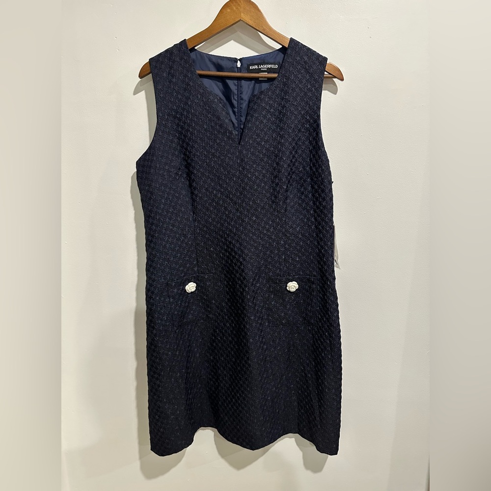 NWT KARL LAGERFELD Navy Blue Houndstooth Sleeveless Tweed Mini Dress Size 12